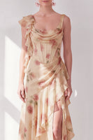 Load image into Gallery viewer, Apricot Scoop Ruffled Corset Floral Maxi Beach Wedding Guest Dress with Slit