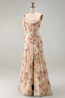 Load image into Gallery viewer, Apricot Scoop Ruffled Corset Floral Maxi Beach Wedding Guest Dress with Slit
