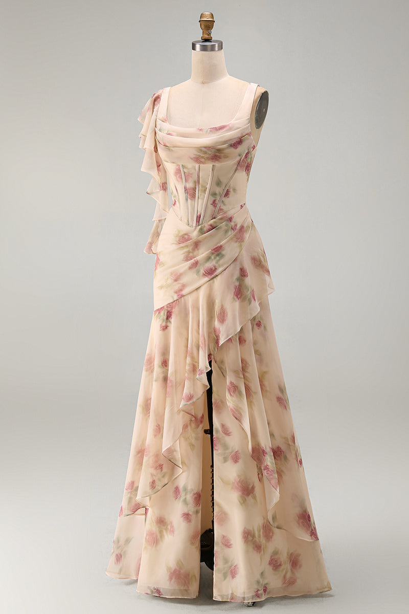 Load image into Gallery viewer, Apricot Scoop Ruffled Corset Floral Maxi Beach Wedding Guest Dress with Slit