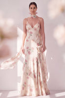 Load image into Gallery viewer, Floral Spaghetti Straps Apricot Maxi Beach Wedding Guest Dress with Slit