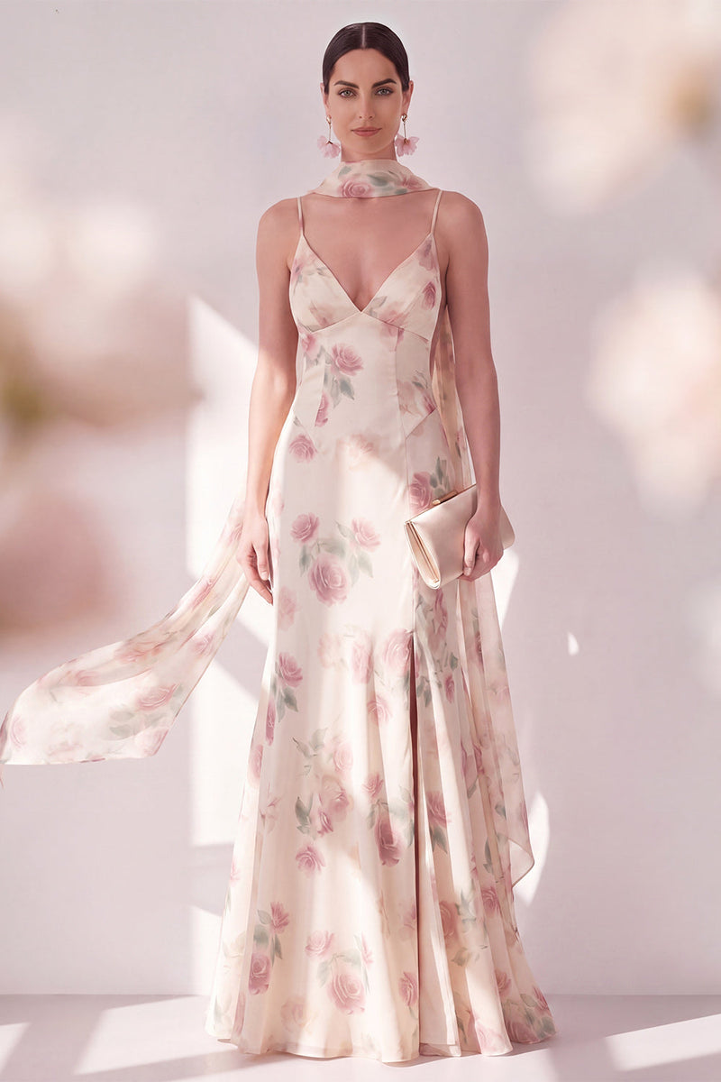 Load image into Gallery viewer, Floral Spaghetti Straps Apricot Maxi Beach Wedding Guest Dress with Slit