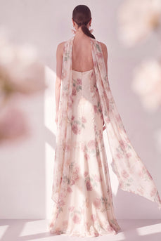 Floral Spaghetti Straps Apricot Maxi Beach Wedding Guest Dress with Slit