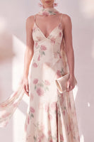Load image into Gallery viewer, Floral Spaghetti Straps Apricot Maxi Beach Wedding Guest Dress with Slit