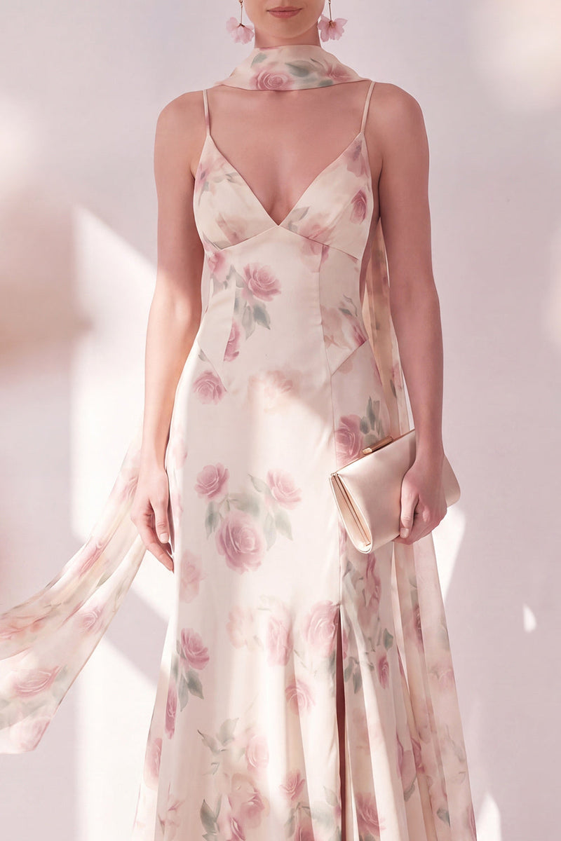 Load image into Gallery viewer, Floral Spaghetti Straps Apricot Maxi Beach Wedding Guest Dress with Slit