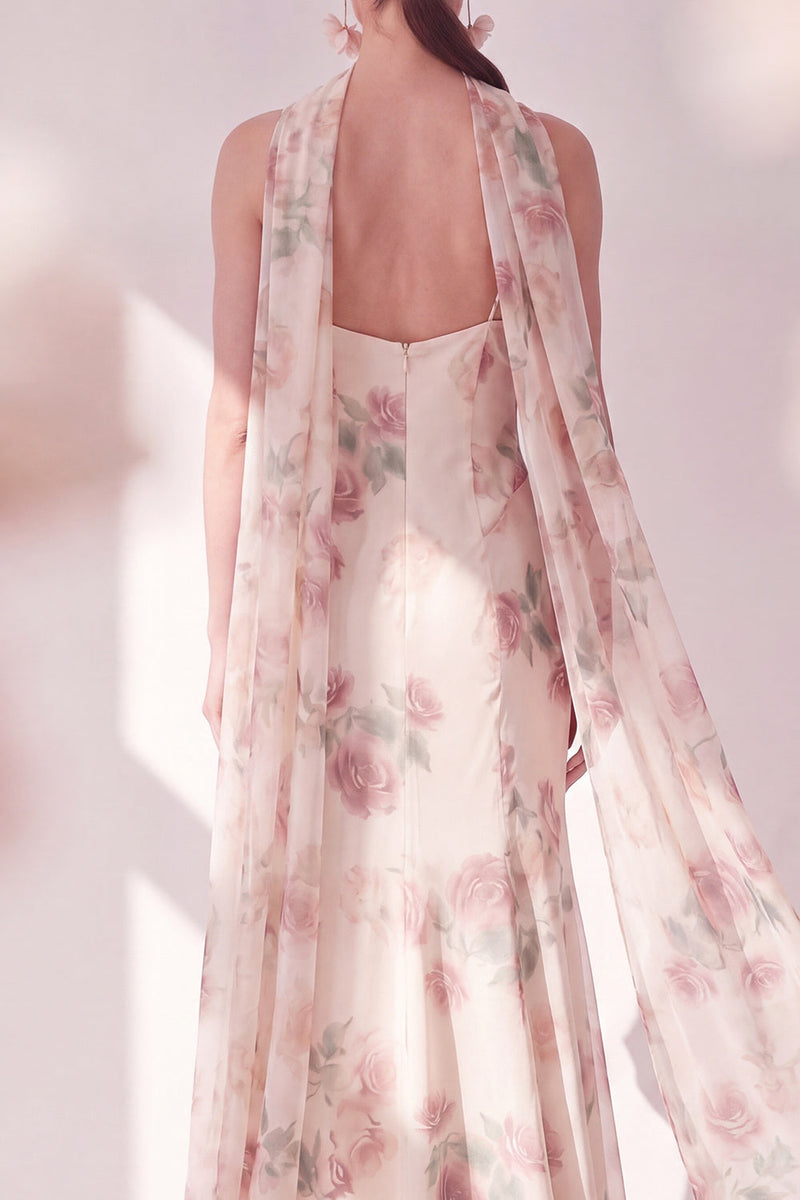 Load image into Gallery viewer, Floral Spaghetti Straps Apricot Maxi Beach Wedding Guest Dress with Slit
