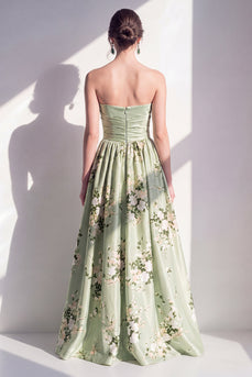 Strapless Ruched Sage Green Floral A Line Long Wedding Guest Dress