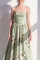 Load image into Gallery viewer, Strapless Ruched Sage Green Floral A Line Long Wedding Guest Dress
