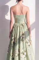 Load image into Gallery viewer, Strapless Ruched Sage Green Floral A Line Long Wedding Guest Dress
