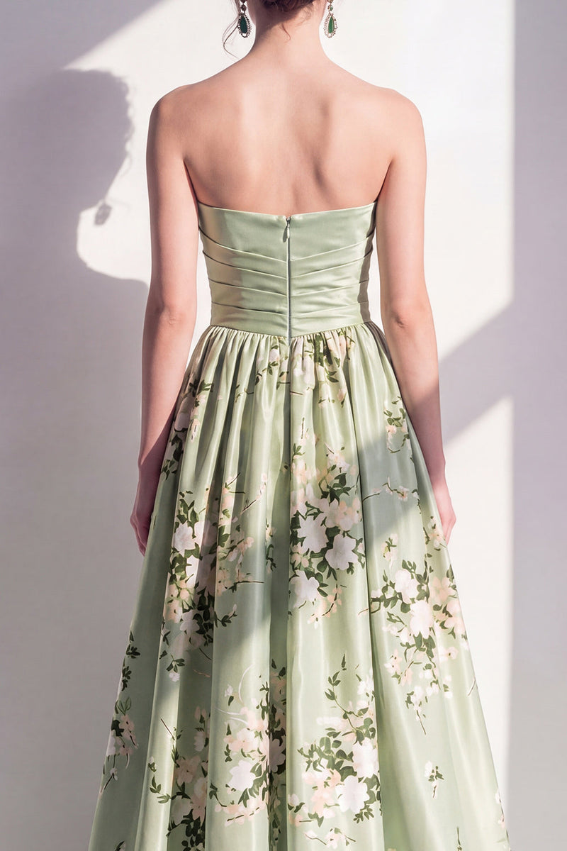 Load image into Gallery viewer, Strapless Ruched Sage Green Floral A Line Long Wedding Guest Dress