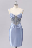 Load image into Gallery viewer, Sparkly Corset Grey Blue Tight Short Ruched Prom Dress with Beading