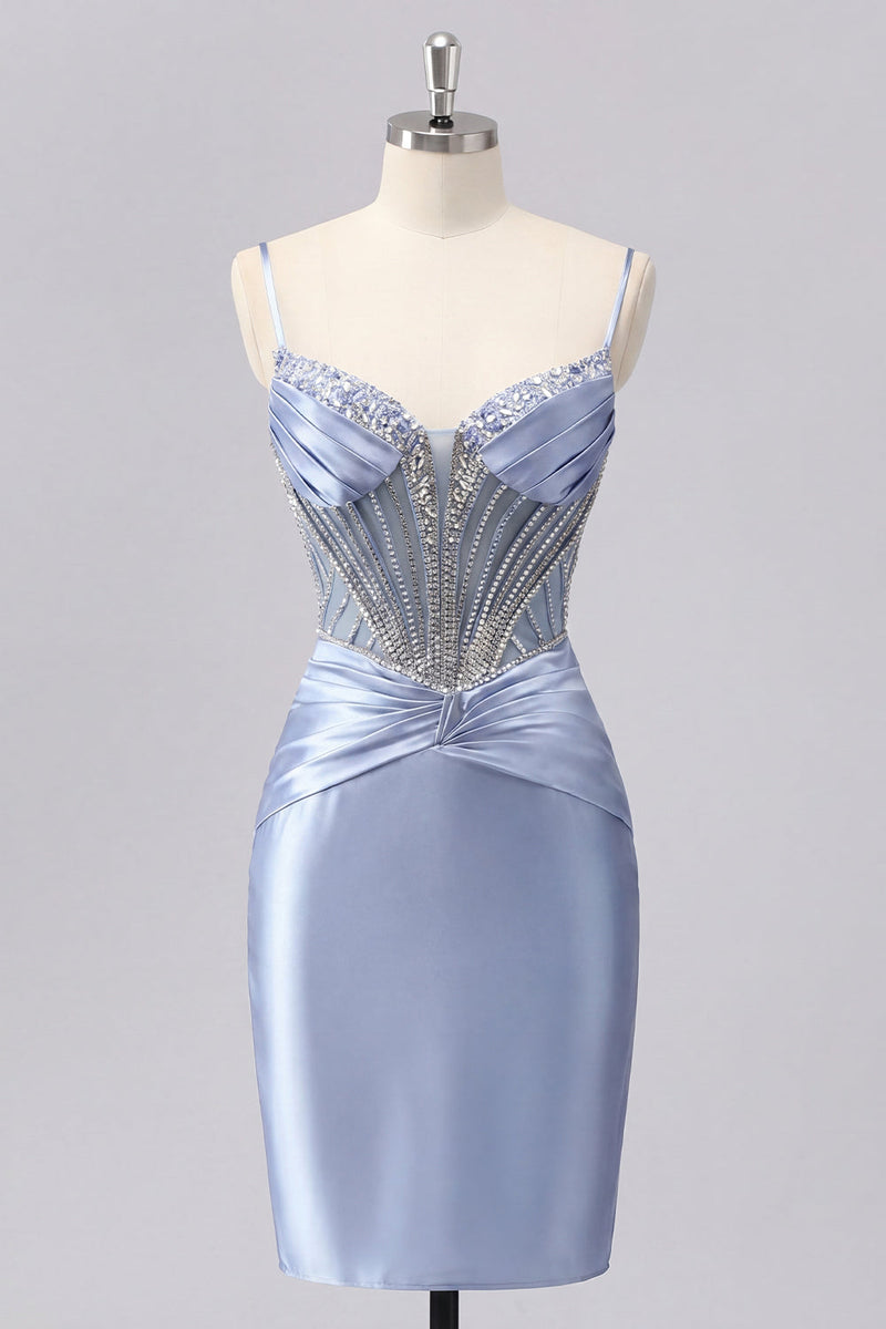 Load image into Gallery viewer, Sparkly Corset Grey Blue Tight Short Ruched Prom Dress with Beading