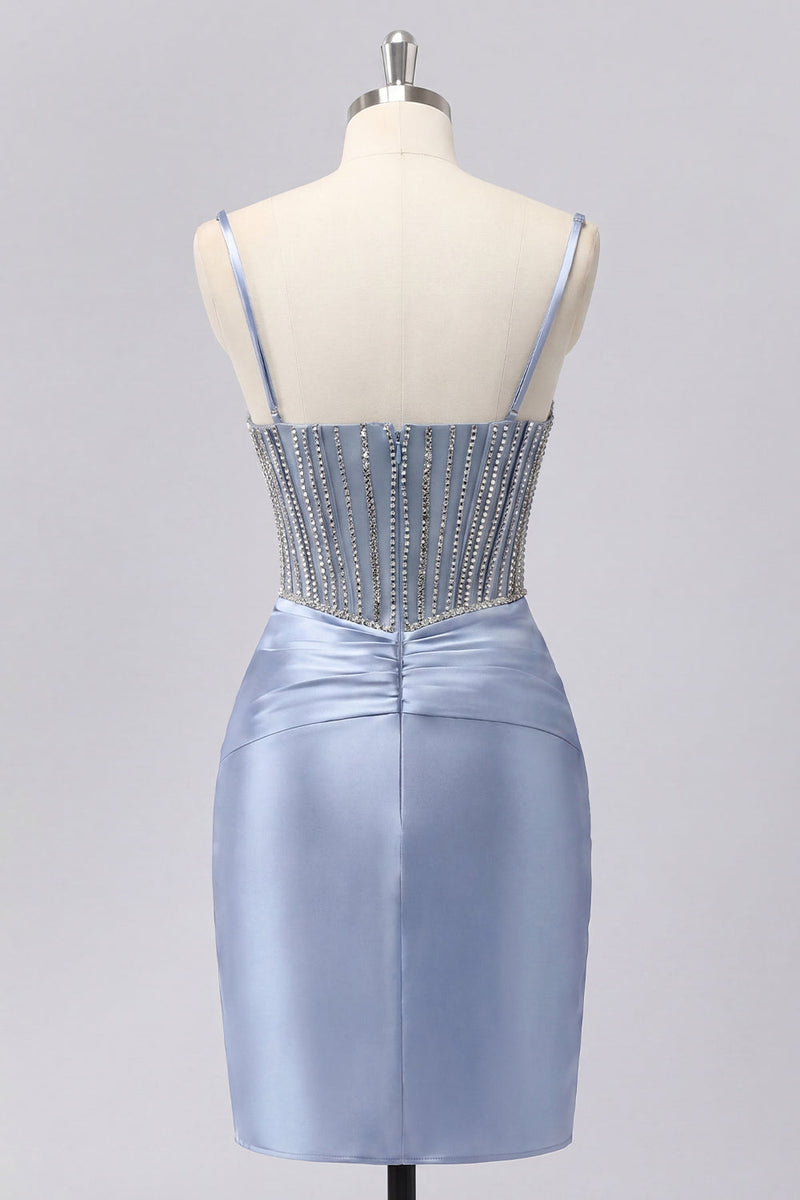 Load image into Gallery viewer, Sparkly Corset Grey Blue Tight Short Ruched Prom Dress with Beading