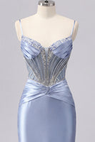 Load image into Gallery viewer, Sparkly Corset Grey Blue Tight Short Ruched Prom Dress with Beading