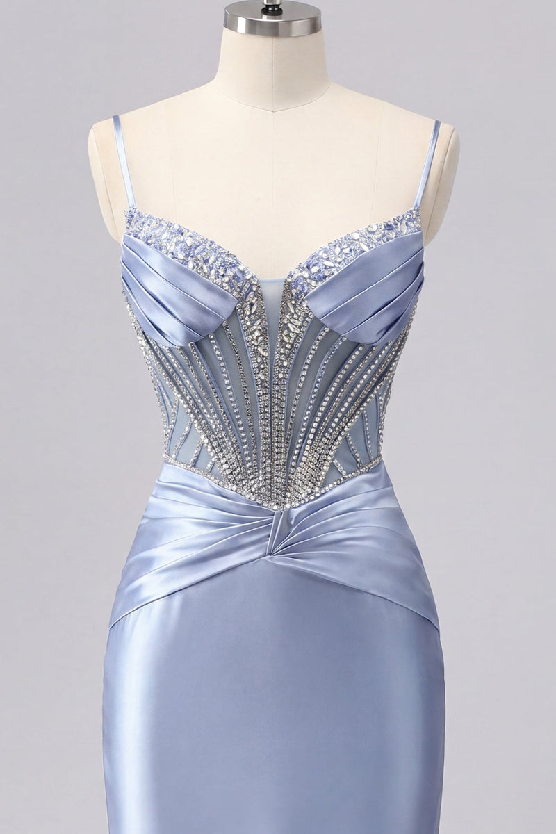Load image into Gallery viewer, Sparkly Corset Grey Blue Tight Short Ruched Prom Dress with Beading