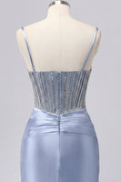 Load image into Gallery viewer, Sparkly Corset Grey Blue Tight Short Ruched Prom Dress with Beading