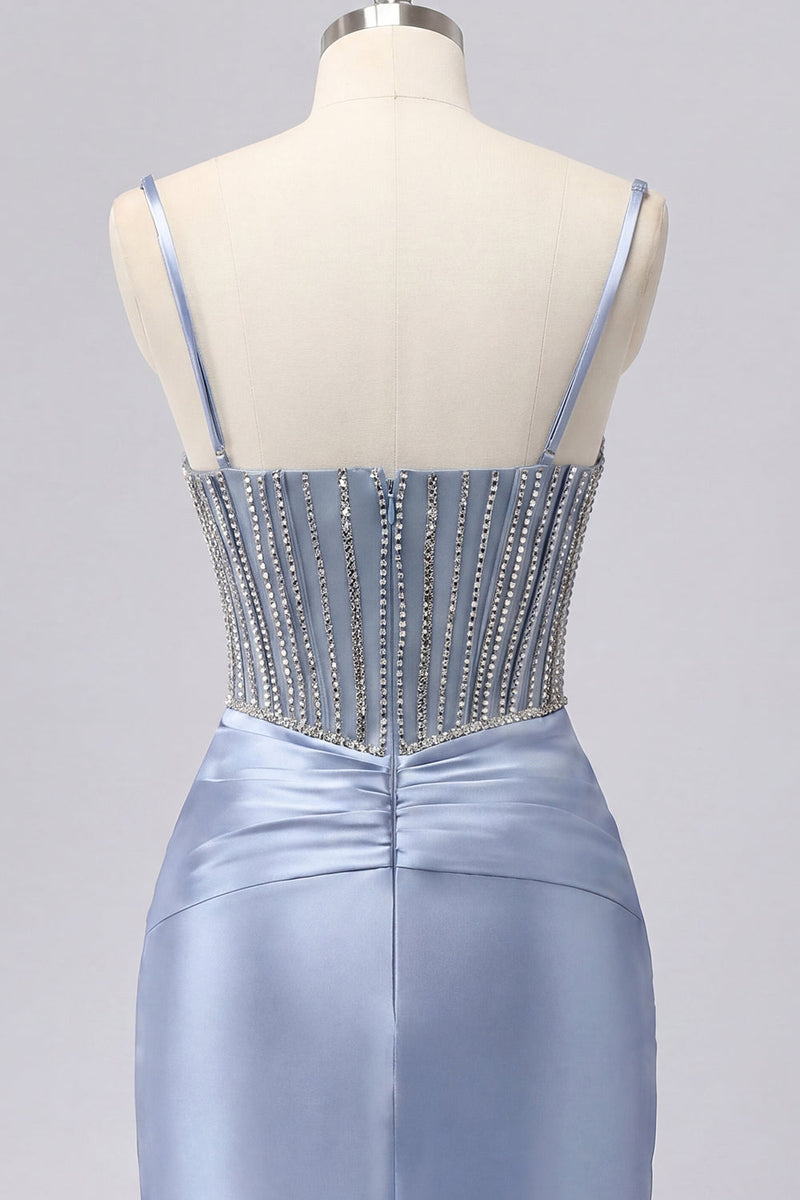 Load image into Gallery viewer, Sparkly Corset Grey Blue Tight Short Ruched Prom Dress with Beading