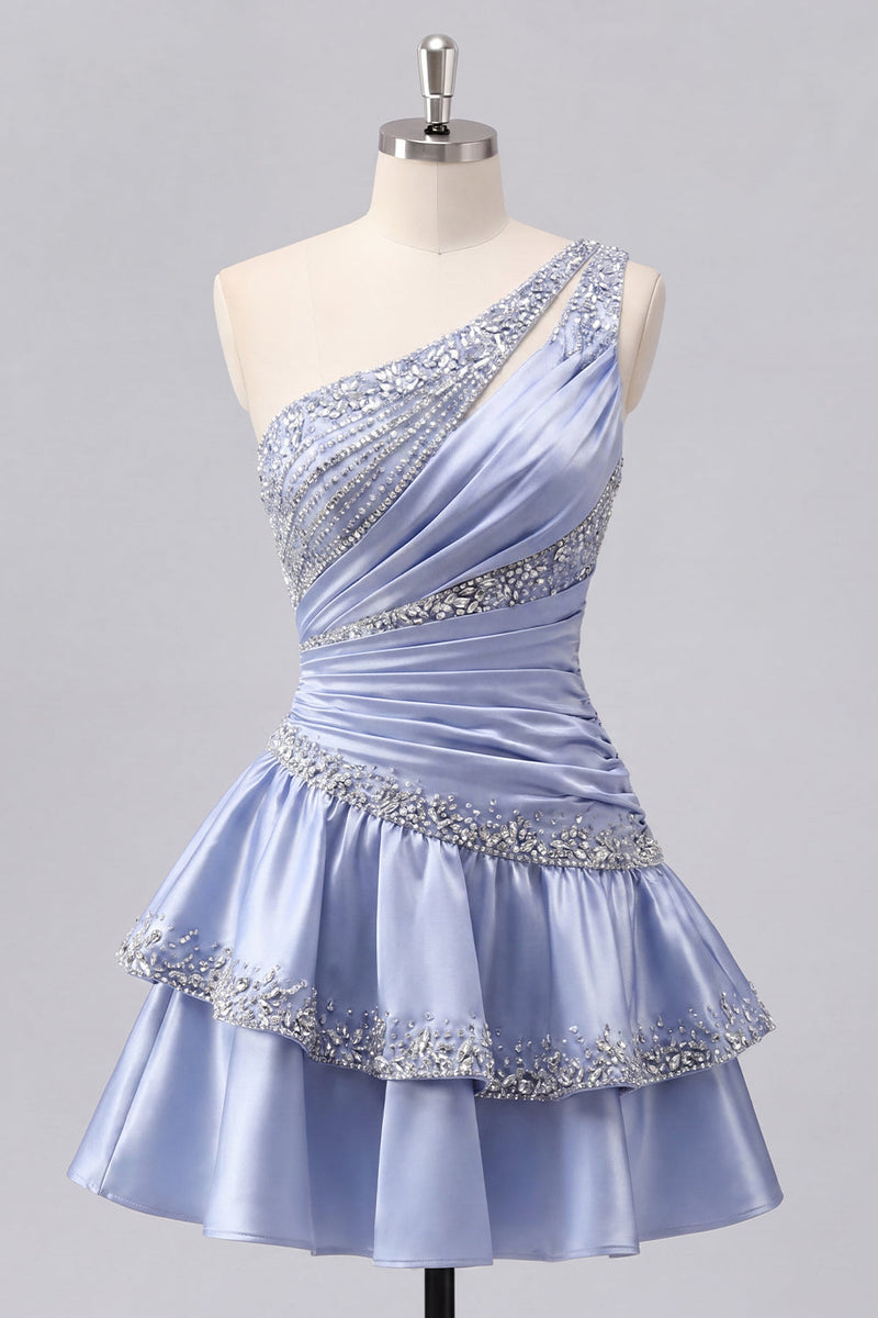 Load image into Gallery viewer, Sparkly A Line Grey Blue Rhinestones Short Ruched Prom Dress with Ruffles
