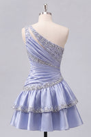 Load image into Gallery viewer, Sparkly A Line Grey Blue Rhinestones Short Ruched Prom Dress with Ruffles