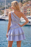 Load image into Gallery viewer, Sparkly A Line Grey Blue Rhinestones Short Ruched Prom Dress with Ruffles