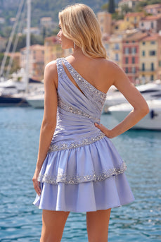 Sparkly A Line Grey Blue Rhinestones Short Ruched Prom Dress with Ruffles