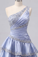 Load image into Gallery viewer, Sparkly A Line Grey Blue Rhinestones Short Ruched Prom Dress with Ruffles