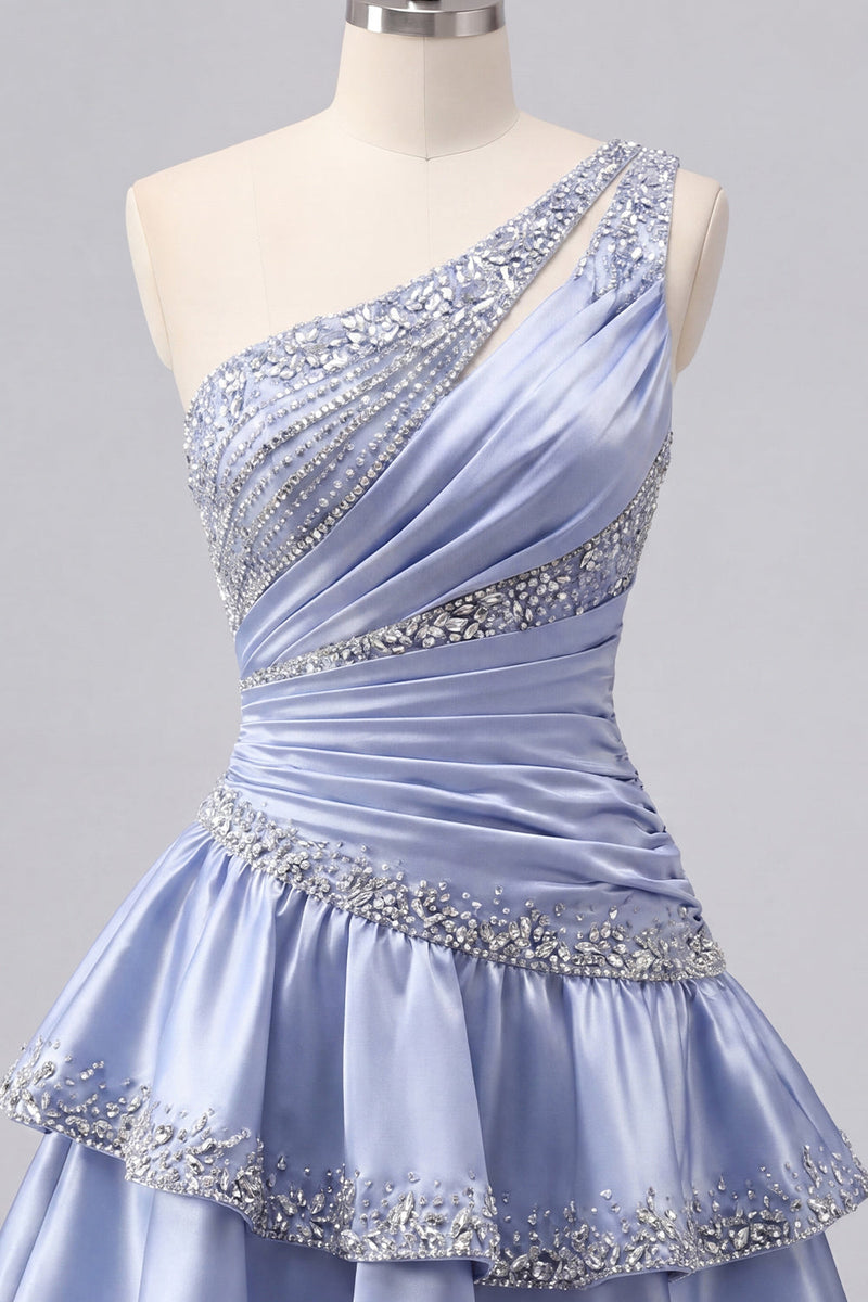 Load image into Gallery viewer, Sparkly A Line Grey Blue Rhinestones Short Ruched Prom Dress with Ruffles