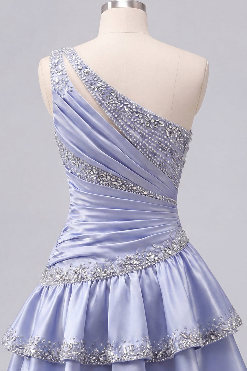 Load image into Gallery viewer, Sparkly A Line Grey Blue Rhinestones Short Ruched Prom Dress with Ruffles
