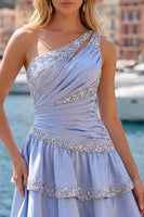Load image into Gallery viewer, Sparkly A Line Grey Blue Rhinestones Short Ruched Prom Dress with Ruffles
