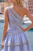 Load image into Gallery viewer, Sparkly A Line Grey Blue Rhinestones Short Ruched Prom Dress with Ruffles