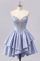 Load image into Gallery viewer, Sparkly Short A Line Corset Beaded Grey Blue Prom Dress with Ruffles