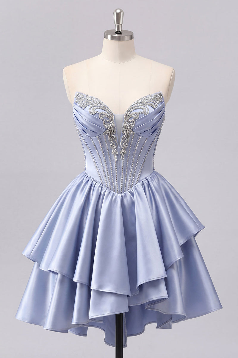Load image into Gallery viewer, Sparkly Short A Line Corset Beaded Grey Blue Prom Dress with Ruffles