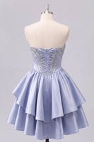 Load image into Gallery viewer, Sparkly Short A Line Corset Beaded Grey Blue Prom Dress with Ruffles