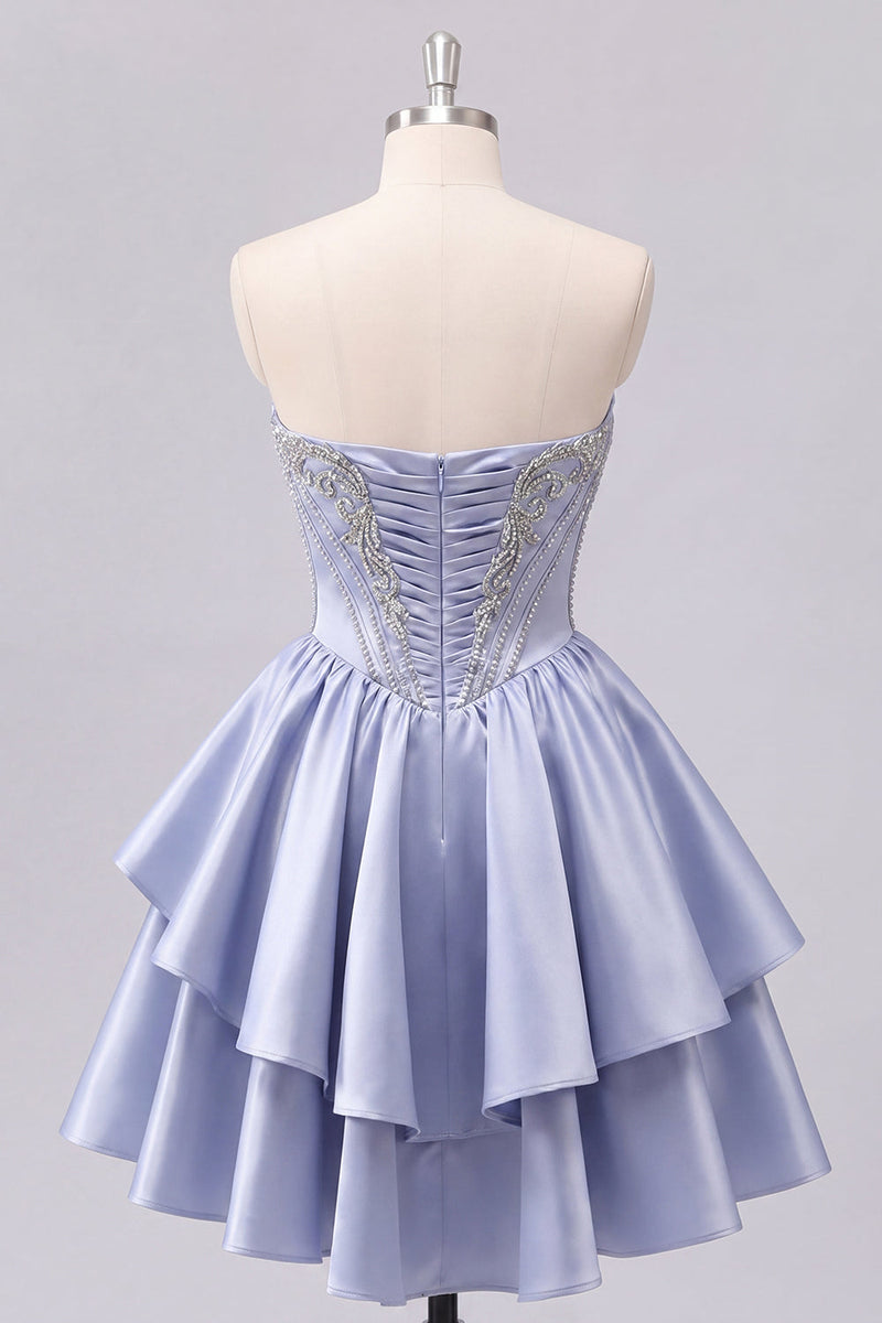 Load image into Gallery viewer, Sparkly Short A Line Corset Beaded Grey Blue Prom Dress with Ruffles
