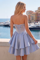 Load image into Gallery viewer, Sparkly Short A Line Corset Beaded Grey Blue Prom Dress with Ruffles