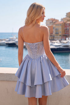 Sparkly Short A Line Corset Beaded Grey Blue Prom Dress with Ruffles