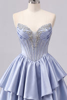Load image into Gallery viewer, Sparkly Short A Line Corset Beaded Grey Blue Prom Dress with Ruffles