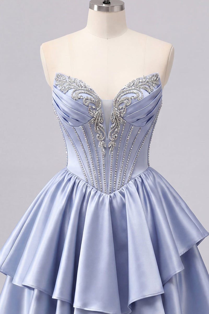 Load image into Gallery viewer, Sparkly Short A Line Corset Beaded Grey Blue Prom Dress with Ruffles