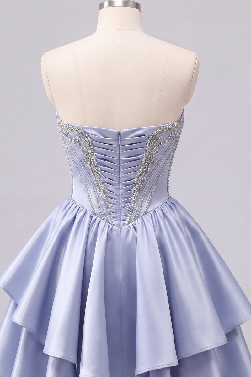 Load image into Gallery viewer, Sparkly Short A Line Corset Beaded Grey Blue Prom Dress with Ruffles