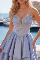 Load image into Gallery viewer, Sparkly Short A Line Corset Beaded Grey Blue Prom Dress with Ruffles