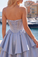 Load image into Gallery viewer, Sparkly Short A Line Corset Beaded Grey Blue Prom Dress with Ruffles