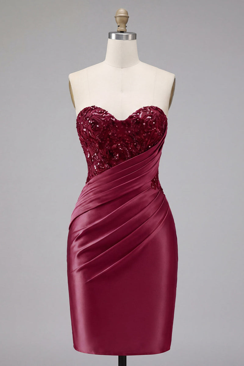 Load image into Gallery viewer, Sparkly Sweetheart Burgundy Tight Beaded Short Ruched Prom Dress