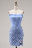 Load image into Gallery viewer, Corset Strapless Blue Tight Short Prom Dress with Pearls