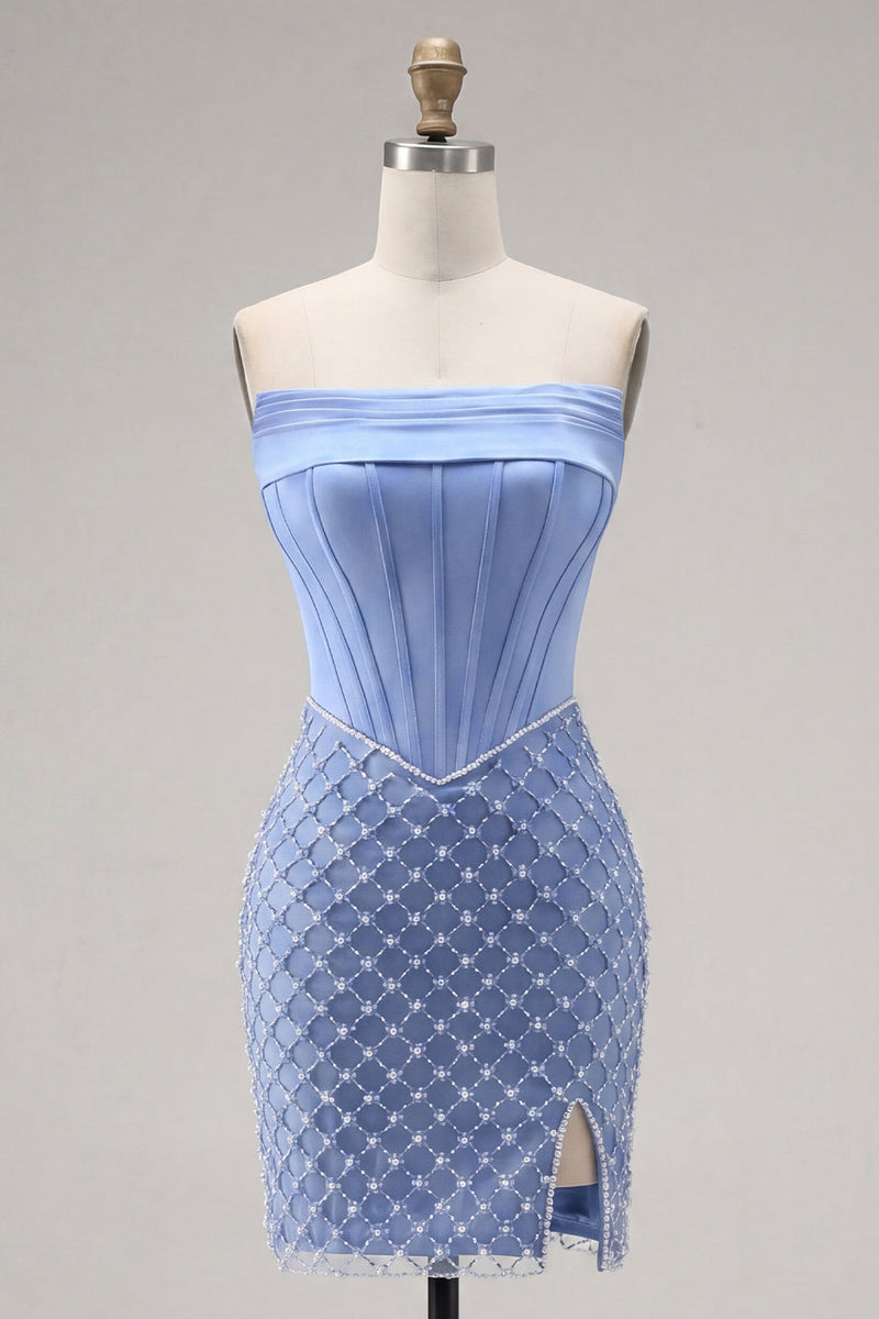 Load image into Gallery viewer, Corset Strapless Blue Tight Short Prom Dress with Pearls