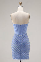 Load image into Gallery viewer, Corset Strapless Blue Tight Short Prom Dress with Pearls