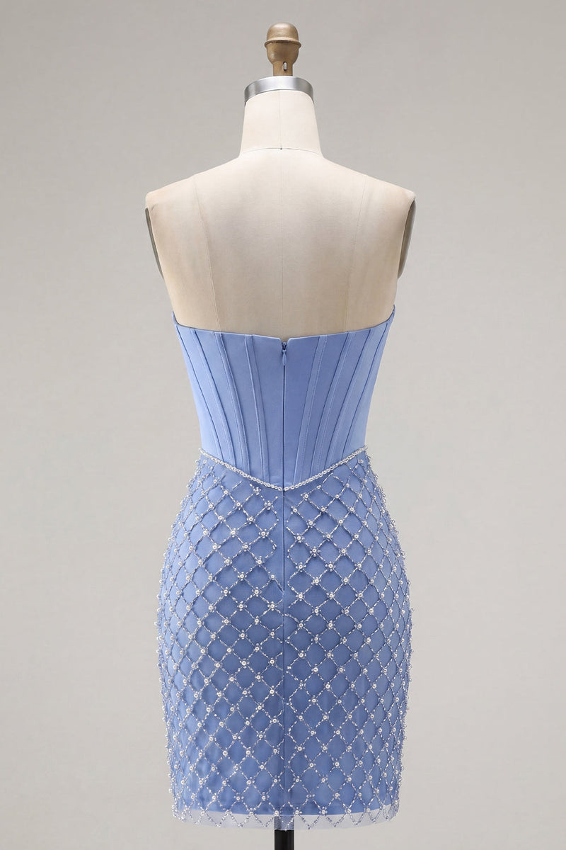 Load image into Gallery viewer, Corset Strapless Blue Tight Short Prom Dress with Pearls