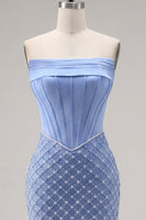 Load image into Gallery viewer, Corset Strapless Blue Tight Short Prom Dress with Pearls