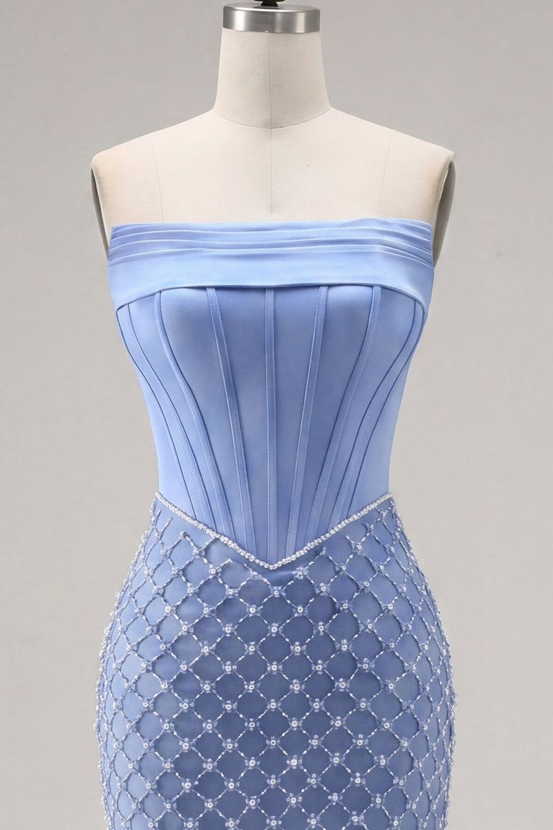 Load image into Gallery viewer, Corset Strapless Blue Tight Short Prom Dress with Pearls