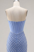 Load image into Gallery viewer, Corset Strapless Blue Tight Short Prom Dress with Pearls