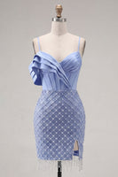 Load image into Gallery viewer, Ruffled Blue Corset Fringed Tight Short Prom Dress with Pearls