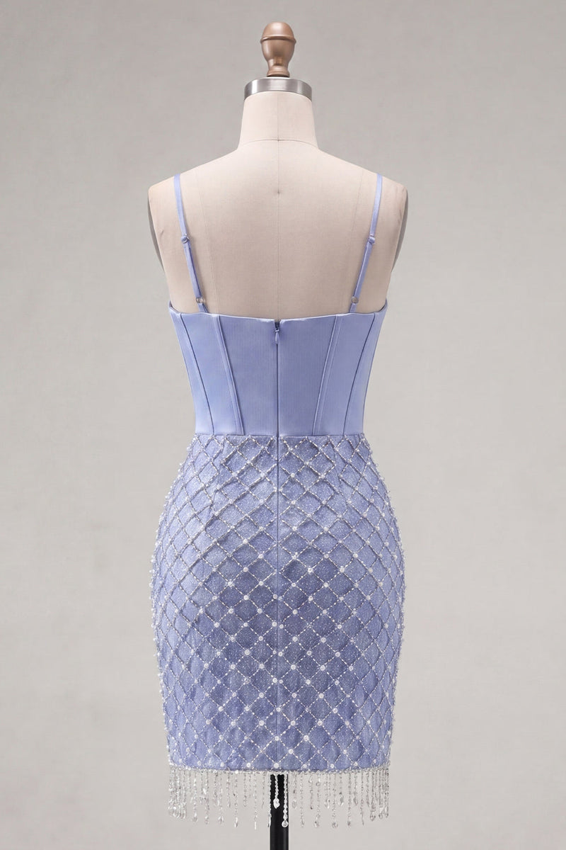 Load image into Gallery viewer, Ruffled Blue Corset Fringed Tight Short Prom Dress with Pearls